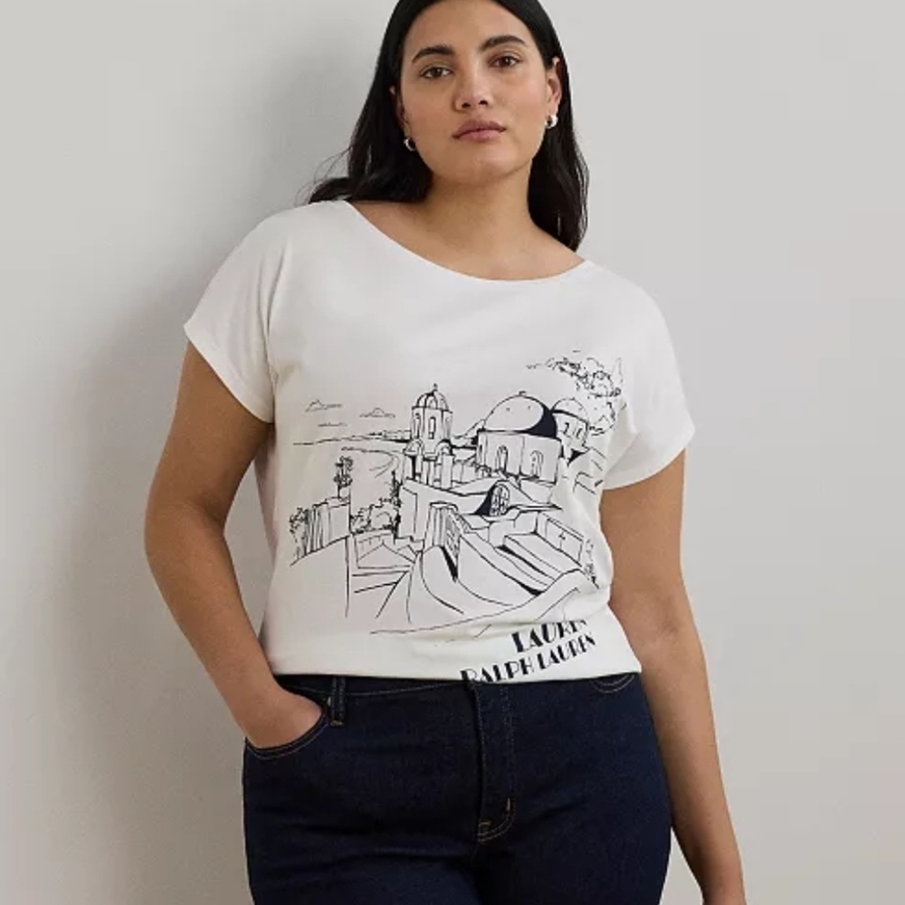 Lauren Ralph Lauren White Graphic Jersey T Shirt Size 3X NWT $70